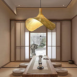 TYBERRY Lampe à suspension en forme de feuille d'éventail de style japonais, lustre en rotin E27, suspension tissée en bambou naturel et en rotin, luminaire décoratif de salle à manger de salon Tatami