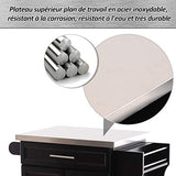 Chariot de service desserte de cuisine à roulettes multi-rangements placard double portes + étagères + range couverts et condiments latéral 84L x 46l x 91H cm plateau acier inoxydable bois noir
