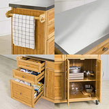 SoBuy® FKW70-N Meuble de Rangement Cuisine Buffet de Cuisine Roulant Desserte sur roulettes en Bambou - Plans de Travail en Acier INOX Grande Armoire de Rangement