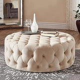 Tabouret Repose-Pieds Luxueux et Confortable en Peluche, Petite Table Basse Moderne, Pouf Rond en Velours capitonné, Banc de Bout de lit pour Salon Chambre d'hôte-Beige 60x60x40cm(24x24x16inch)