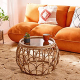 BTFY Table basse en rotin - Table centrale ronde en rotin avec plateau en verre - Table basse en osier - Style bohème et scandinave - Pour salon et salon - Sans assemblage - Gamme Evelyn