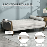 Canapé Convertible 3 Places Design scandinave Dossier inclinable 3 Positions Tablette Rabattable 2 Coussins Inclus Pieds effilés Bois Eucalyptus fumé Tissu Coton Polyester Aspect Lin Beige