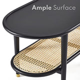 Harmati Table basse pour salon – Table d'appoint noire avec rangement, tables modernes du milieu du siècle, pieds en bois massif et rotin naturel