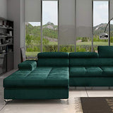 Selsey MIKKARA - Canapé d’Angle Convertible - 280 cm - Vert Bouteille - en Velours - côté Gauche - Style Moderne