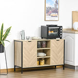 Buffet design style graphique façades placards à chevrons - 2 portes avec étagère, 3 niches - métal noir panneaux aspect chêne clair