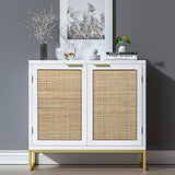 Anmytek Meuble de rangement, buffet, armoire de bar, 2 portes, meuble de cuisine, buffet avec rotin naturel, blanc, H0013