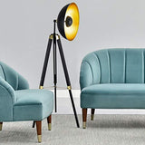 Lampadaire Lampe à Pied Trépied Métal Bois Noir Cuivre 1 x E27 148 cm