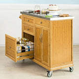 SoBuy® FKW70-N Meuble de Rangement Cuisine Buffet de Cuisine Roulant Desserte sur roulettes en Bambou - Plans de Travail en Acier INOX Grande Armoire de Rangement