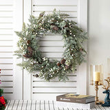 BEJOY Couronne de Noël Artificielle, 56cm Pomme de Pin Vigne Floquée Couronne de Sapin à Paillettes avec Baies Blanches pour Noël Maison Porte D'entrée Suspendue Mur Fenêtre Décor