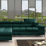 Selsey MIKKARA - Canapé d’Angle Convertible - 280 cm - Vert Bouteille - en Velours - côté Gauche - Style Moderne