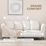 HOMCOM Canapé 3 Places de Style Moderne avec 4 Coussins, Base en Acier Noir, revêtement en Tissu Effet Lin de Couleur crème