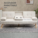 HOMCOM Canapé Convertible 3 Places Design scandinave Inclinaison Dossier réglable 3 Niveaux Dossier Centrale Rabattable 2 Porte-Verres Bois Massif Lin Beige