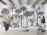 SILK ROAD EU Papier Peint Panoramique jungle Soie, 355 x 250 cm, noir et blanc Sketch Tropical Rainforest Coconut Tree Poster Geant Mural Personnalisé 3D pour Salon Chambre Décoration Murale