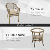 Outsunny Ensemble Bistro de Jardin Style bohème Chic 2 fauteuils avec Coussins + Table Basse résine tressée Beige