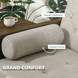 Canapé Convertible 3 Places Design scandinave Dossier inclinable 3 Positions Tablette Rabattable 2 Coussins Inclus Pieds effilés Bois Eucalyptus fumé Tissu Coton Polyester Aspect Lin Beige