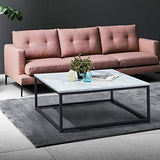 Table Basse Carré MARBRE - Décor MARBRE et Noir - Structure en Métal,Style Industriel，L 80 x P 80 x H 34 cm