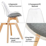 H.J WeDoo Lot de 4 Transparente Scandinave Chaises de Salle à Manger, Rétro Chaises Tulip Tissu Rembourrée en Polycarbonate arrière et Bois de hêtre Massif- Gris