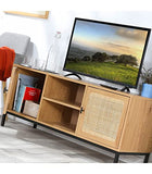 Casâme - Meuble TV 2 Portes Cannage en Rotin avec 2 Niches - Piètement en Métal Noir - Style Moderne et Naturel - pour Salon, Chambre - L120 x P39 x H51cm