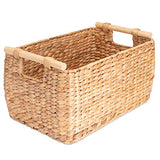 Decorasian Panier de rangement tressé en jacinthe d'eau – jonc de mer long et étroit avec poignée en bois