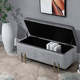 HOMCOM Grand Pouf Coffre de Rangement Design Contemporain- Banc avec Espace de Rangement - dim. 100L x 40l x 42H cm - Velours Gris Clair piètement métal doré