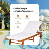 GOPLUS Chaise Longue en Bois Pliable avec Dossier Réglable sur 6 Positions et Coussin Amovible,Bain de Soleil d’Extérieur avec 2 Roues,Idéal pour Jardin,Terrasse,Piscine,195X68X30-90CM