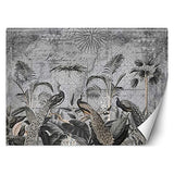Carowall Photo Murale Intisse Abstrait Plantes Exotiques 350x245 cm gris Déco Murale Tableaux Muraux À La Maison Chambre à Coucher, Salon, Chambre D'amis Paons Ancienne Carte Oiseaux