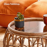 BTFY Table basse en rotin - Table centrale ronde en rotin avec plateau en verre - Table basse en osier - Style bohème et scandinave - Pour salon et salon - Sans assemblage - Gamme Evelyn