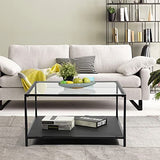 MEUBLE COSY Tables Basses avec étagère Carré Bout de Canapé Industriel en Verre Trempé et Cadre en Métal, Noir, 80x80x42cm