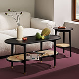 Harmati Table basse pour salon – Table d'appoint noire avec rangement, tables modernes du milieu du siècle, pieds en bois massif et rotin naturel