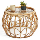 BTFY Table basse en rotin - Table centrale ronde en rotin avec plateau en verre - Table basse en osier - Style bohème et scandinave - Pour salon et salon - Sans assemblage - Gamme Evelyn
