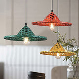 Lampe à Suspension de Style Chinois Chapeau de Paille Rouge Abat-Jour Lampe à Suspension en Bambou Tissage en Osier E27 Lustre Tissé à La Main Lampe Suspendue Au Plafond avec Cordon Réglable pour Sall