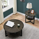 PADMA HOUSE Table basse ronde en bois massif, de salon, canapé, structure métal, à 2 étages, (vintage noir), ⌀85*45,5 cm, (1336)