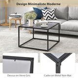 COSTWAY Table Basse Carrée, Table Basse Verre Trempé, Cadre en Métal Noir, Design Minimaliste, Table Salon, Repose-Pieds réglables, Assemblage Facile, 70 x 70 x 45 cm (Gris)