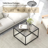 COSTWAY Table Basse Carrée, Table Basse Verre Trempé, Cadre en Métal Noir, Design Minimaliste, Table Salon, Repose-Pieds réglables, Assemblage Facile, 70 x 70 x 45 cm (Gris)
