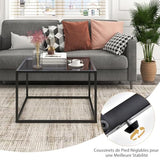 COSTWAY Table Basse Carrée, Table Basse Verre Trempé, Cadre en Métal Noir, Design Minimaliste, Table Salon, Repose-Pieds réglables, Assemblage Facile, 70 x 70 x 45 cm (Gris)