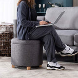 HNNHome Tabouret de rangement rond rembourré en lin avec assise amovible pour rangement - 45 cm de diamètre - Gris anthracite