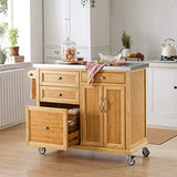SoBuy® FKW70-N Meuble de Rangement Cuisine Buffet de Cuisine Roulant Desserte sur roulettes en Bambou - Plans de Travail en Acier INOX Grande Armoire de Rangement