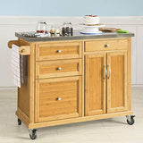 SoBuy® FKW70-N Meuble de Rangement Cuisine Buffet de Cuisine Roulant Desserte sur roulettes en Bambou - Plans de Travail en Acier INOX Grande Armoire de Rangement
