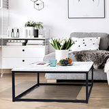 Table Basse Carré MARBRE - Décor MARBRE et Noir - Structure en Métal,Style Industriel，L 80 x P 80 x H 34 cm