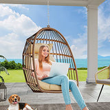 YITAHOME Fauteuil Oeuf Suspendu Charge Max. 150 kg Oeuf Suspendu Exterieur Jardin avec 2 Coussins, Cadre Robuste en Rotin, 105x74x72 cm Fauteuil Suspendu avec une Chaîne pour Intérieur, Marron & Beige