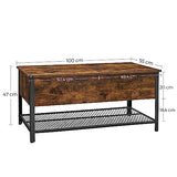 VASAGLE Table Basse, Table de Salon, avec Dessus Rabattable, Compartiment Fermé et Étagère Grillagée, Cadre en Métal, Style Industriel, 100 x 55 x 47 cm, Marron Rustique et Noir LCT230B01