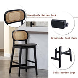 Wahson Tabouret de Bar Rotin Lot de 2, Chaise de Bar en Bois et Cannage Tabouret Bois avec Coussin Imperméable, Chaise Haute Bar Rétro pour Cuisine et Bar, Noir