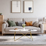 FirFurd Table Basse de Salon Effet Marbré Ovale Table de Canapé Table a Café Bas en Bois et Métal Piédestal Table d'Appoint Nordique Scandinave 120x60x41cm