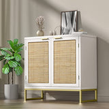 Anmytek Meuble de rangement, buffet, armoire de bar, 2 portes, meuble de cuisine, buffet avec rotin naturel, blanc, H0013