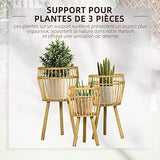 Outsunny Lot de 3 supports cache-pots à plantes lot de 3 étagères à fleurs support pots de fleurs sur pied trépied en bois et résine tressée rotin - bois naturel