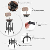 IKAYAA Lot de 2 Tabouret de Bar de Hauteur Réglable Vintage en Bois Tabouret de Salle a Manger Style Industriel Pinewood Haut + Métal avec Sac à Dos