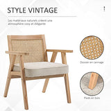 HOMCOM Fauteuil Lounge Chaise en Rotin avec Coussin - Dossier en cannage - Assise Profonde - accoudoirs - Structure Bois hévéa - Aspect Lin Beige