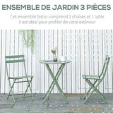Outsunny Salon de Jardin 2 Personnes - Ensemble Table bistrot Chaise Jardin Pliable - Ensemble bistrot de Jardin - Table Ronde Ø 60 cm avec 2 chaises Pliantes - métal thermolaqué Vert