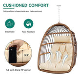 YITAHOME Fauteuil Oeuf Suspendu Charge Max. 150 kg Oeuf Suspendu Exterieur Jardin avec 2 Coussins, Cadre Robuste en Rotin, 105x74x72 cm Fauteuil Suspendu avec une Chaîne pour Intérieur, Marron & Beige