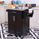 Chariot de service desserte de cuisine à roulettes multi-rangements placard double portes + étagères + range couverts et condiments latéral 84L x 46l x 91H cm plateau acier inoxydable bois noir
